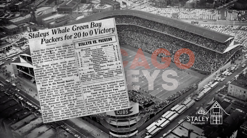 Image of Newspaper with headline: Staleys Whale Green Bay Packers for 20 to 0 Victory
